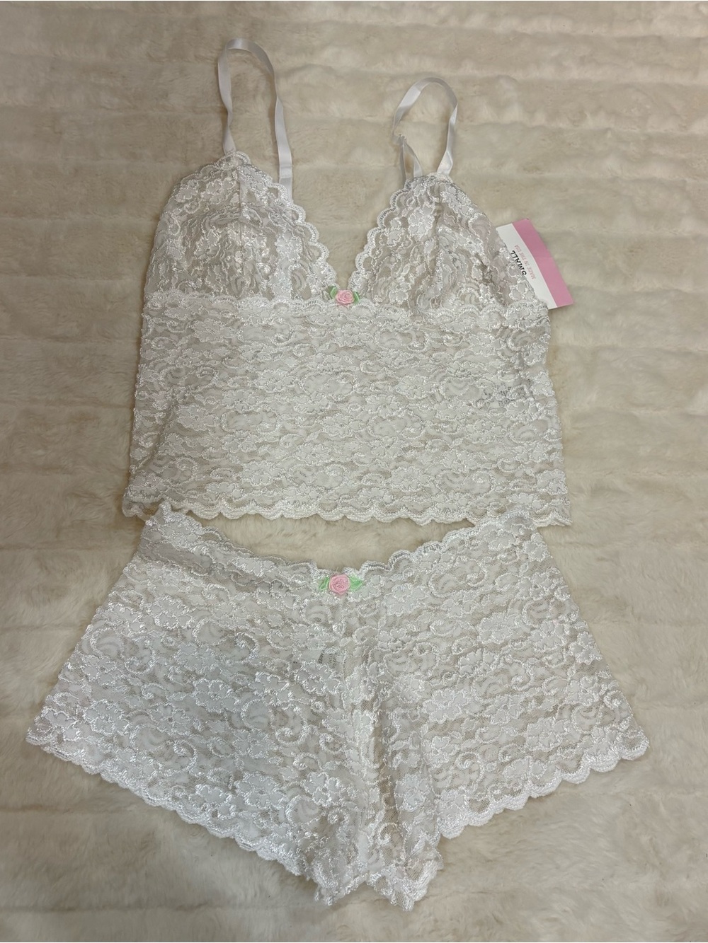 White Lace Bralette & Shorts Sleep Set with Floral Accent